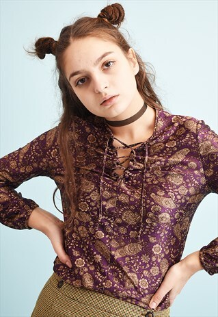 70'S RETRO FLORAL PRINT SHIMMER BLOUSE TUNIC