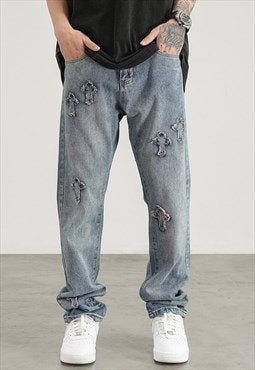 Blue Washed Crosses Distressed Pants Jeans Trousers Y2k