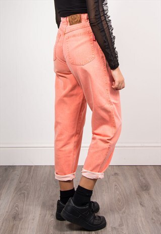 VINTAGE 90'S BRIGHT PEACH HIGH WAIST DENIM MOM JEANS