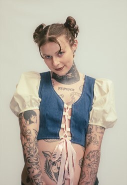 Reworked handmade denim milkmaid puff sleeve crop top