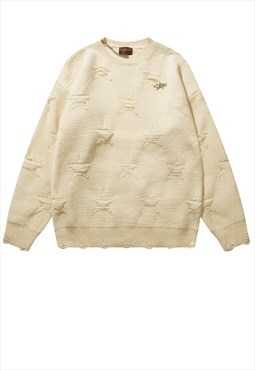 Ripped sweater distressed knitwear jumper star top in cream