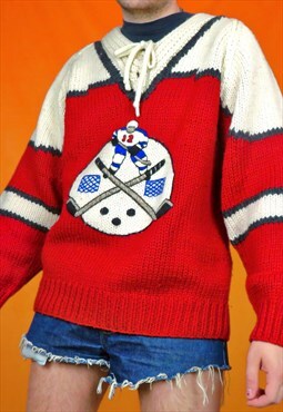 Vintage 90s Hand Knitted Hockey Wool Jumper in Red & White