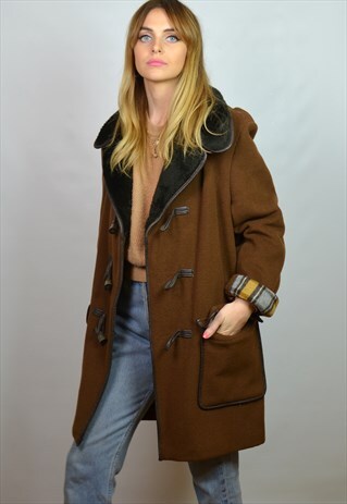 VINTAGE 70S DARK BROWN & BLACK OVERSIZE DUFFLE COAT