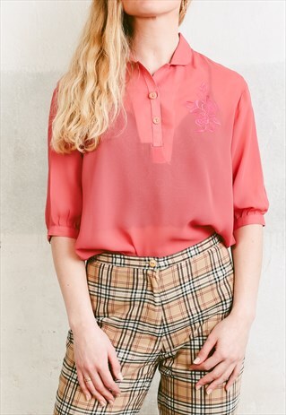 VINTAGE 80S SHEER SALMON PINK BLOUSE WITH FLORAL EMBROIDERY