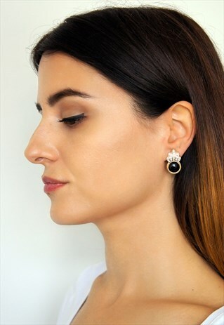 VINTAGE BLACK AND DIAMANTE CLIP ON EARRINGS