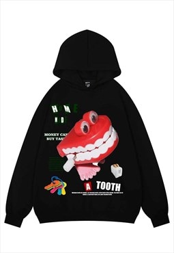 Teeth print hoodie psychedelic pullover raver top in black
