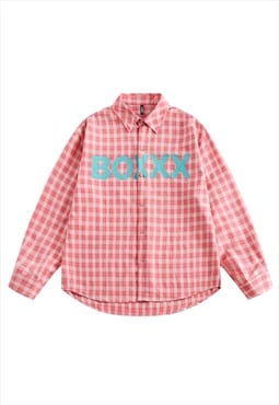 Checked shirt retro plaid blouse box slogan top in pink