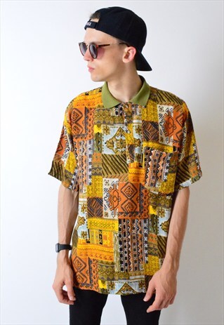 VINTAGE 80S ABSTRACT 1/4 BUTTON SHORT SLEEVE SHIRT