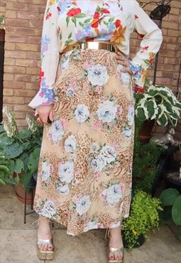 Vintage 90s Beige Cottage Floral Flower Festival Maxi Skirt