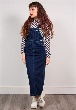 VINTAGE 90'S LEE DARK BLUE DENIM PINAFORE MIDI DRESS