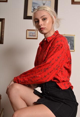 VINTAGE 60S KITSCH PRINT RED WOOL BLOUSE