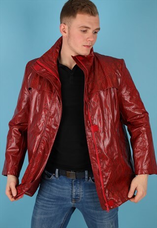 VINTAGE FAUX LEATHER WINDBREAKER JACKET IN RED NJ541