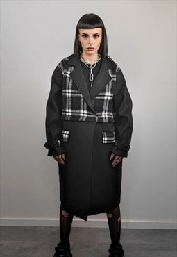 Detachable coat color block trench plaid utility jacket 