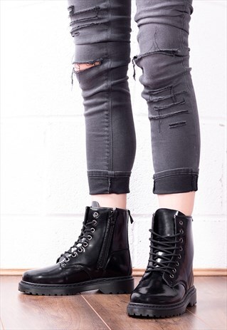 LACE UP FLAT ANKLE BOOTS SHOES IN BLACK PATENT - ZAMORA