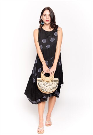 CY POLKA DOT PRINT CONTRAST LAYER LINEN DRESS IN BLACK