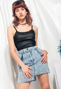 Vintage Denim Skirt 80s Reworked Half Crop Acid Wash Jeans