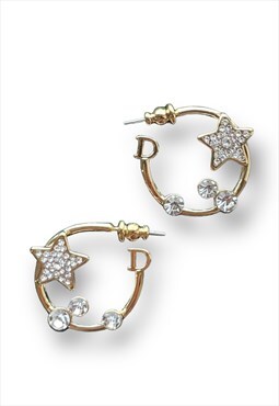 Dior earrings Gold tone diamante gem star Hoops
