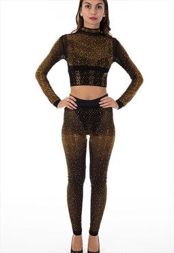 Multi Diamond Embellished Crop Top and Leggings Co-ords gold