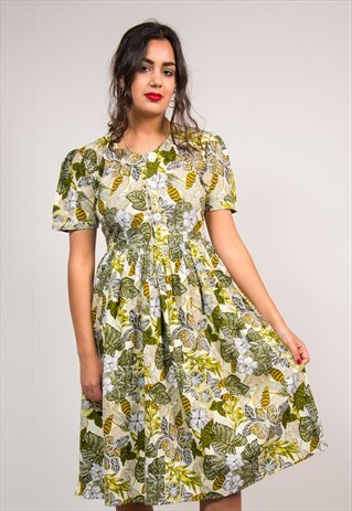 VINTAGE 80'S GREEN FLORAL PATTERN CUTE SUMMER MIDI DRESS