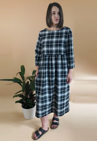 TARTAN MIDI SMOCK DRESS WITH POCKETS