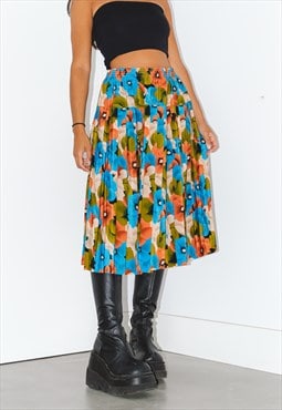 Vintage 80s handmade floral tropical printed Pleated Skirt