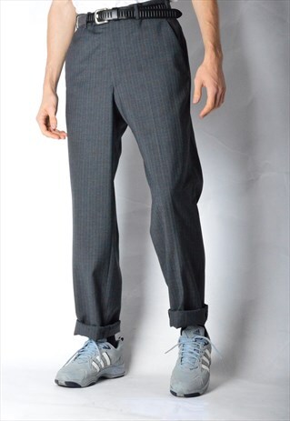 VINTAGE 90S GREY BLUE STRIPED WOOL PANTS