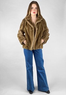 70's Vintage Faux Fur Mink Brown Ladies Sleeve Coat Small
