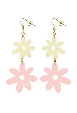 Flower power double drop hook earrings - vanilla & baby pink