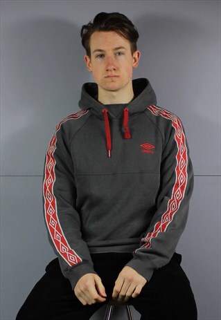 VINTAGE UMBRO HOODIE IN GREY WITH LOGO TAPING, POUCH POCKET