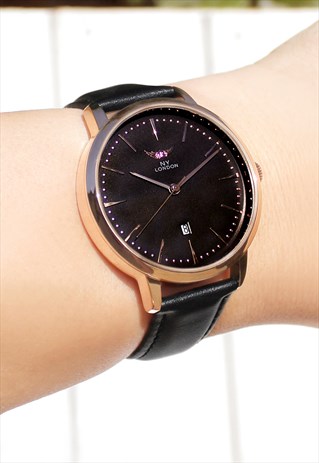 Gents Classic Rose Gold Leather Watch with Date
