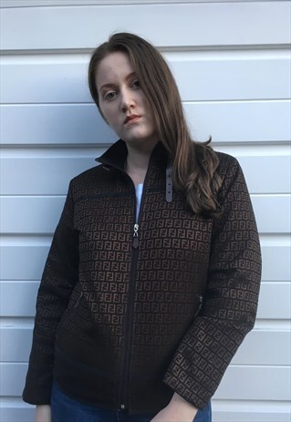 WOMENS VINTAGE FENDI JACKET BROWN MONOGRAM PRINT BIKER COAT