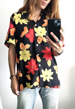 Black Yellow Red Flowers Print Summer Top