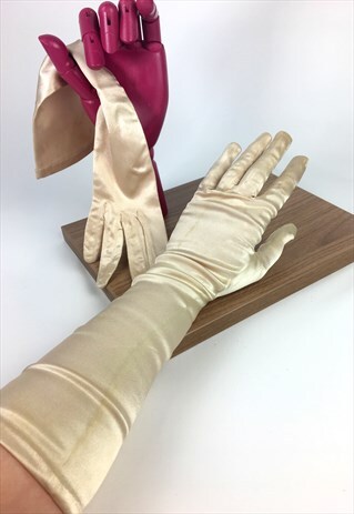 30'S VINTAGE-CREAM PINK SATIN LONG FORARM GLOVES-STRETCH