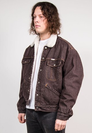 90'S VINTAGE BROWN DENIM FAUX SHERLING LINED JACKET