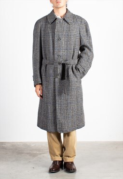 Men's Savini Grey Herringbone Blue Checked Tweed Coat