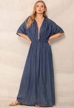 denim blue deep plunge batwing sleeve maxi dress