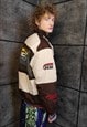 MOTORCYCLE JACKET MULTI PATCH PADDED RACING BOMBER IN BROWN