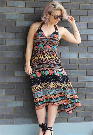 VINTAGE 1990S TRIBAL PRINTED COTTON HALTER DRESS