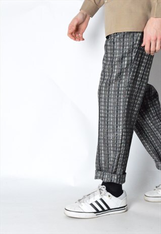 VINTAGE UNISEX 70S GREY CHECK WOOL BLEND PANTS