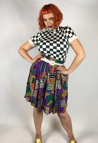 VINTAGE CRAZY PRINT PLEATED EXTRA LARGE MIDI SKIRT