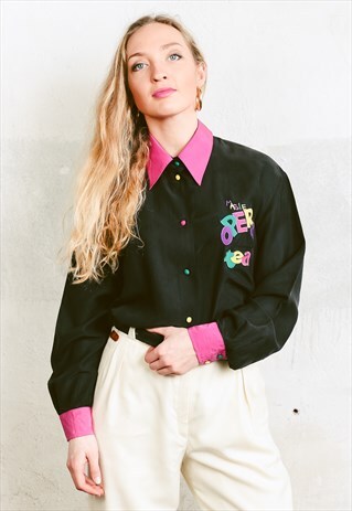 VINTAGE 80S CONTRAST COLLAR OVERSIZED BLACK SHIRT