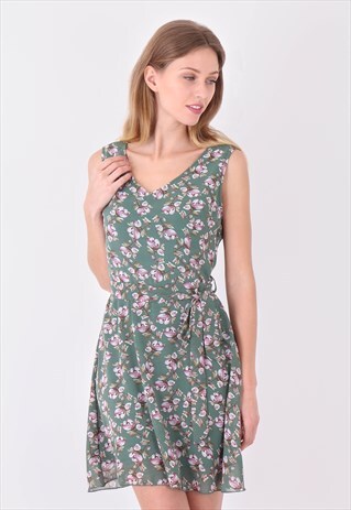 MULTI COLOUR V NECK FLORAL PRINT SLEEVELESS SKATER DRESS