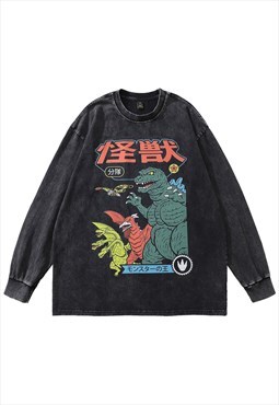 Dragon t-shirt Godzilla vintage wash top Japanese long tee