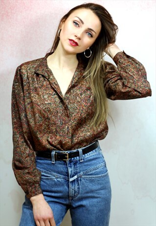 1980S VINTAGE BURNT ORANGE PATTERNED SILKY BLOUSE