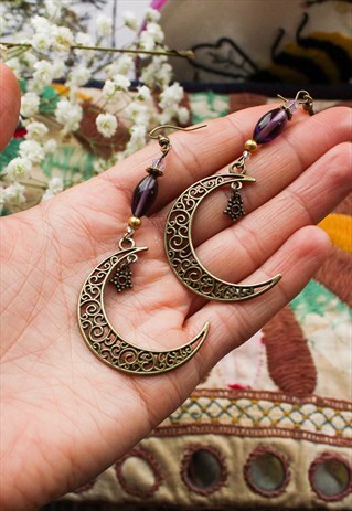 HANDMADE PURPLE BRONZE CRESCENT MOON EARRINGS