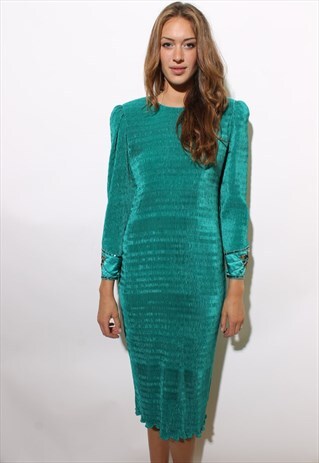VINTAGE 1980'S 80'S PLEATED TEAL SEQUIN EMBELLISHED GOWN M-L