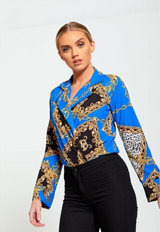 BLUE LEOPARD AND CHAIN PRINTED BODYSUIT