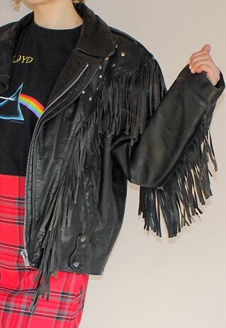 VINTAGE 80S BLACK LEATHER BIKER FRINGED WESTERN JACKET