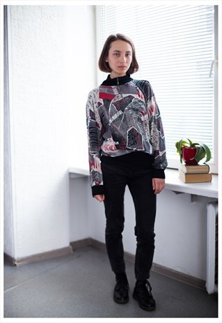 VINTAGE 80'S ABSTRACT PRINT HIGH COLLAR BLOUSE