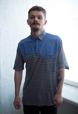 VINTAGE 90'S LIGHT BLUE/BROWN STRIPED POLO SHIRT